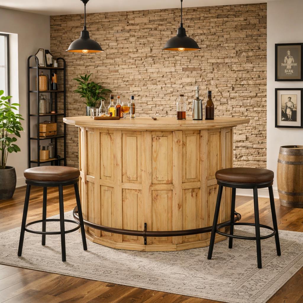Curved Wooden Bar with a Foot Rail 63"x31"x42"