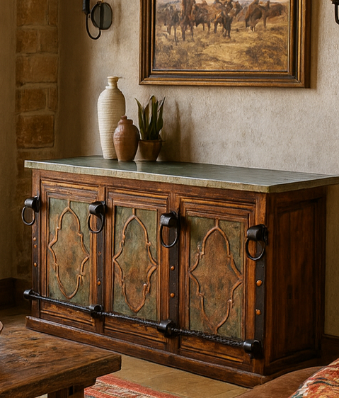 THE BLACKSMITHS BAR | VERDI-GRIS COPPER INSERTS, COPPER TOP, FORGED IRON, WINE RACK