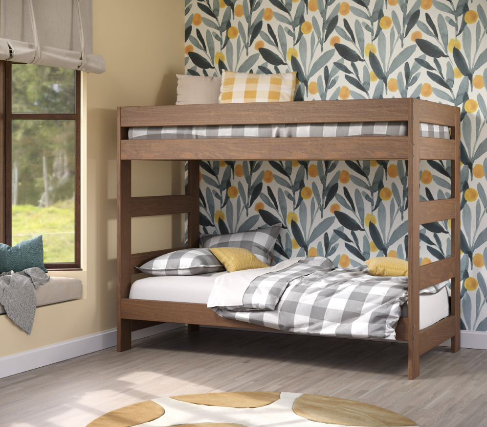 Affordable Double Twin Bunk Bed (One-Piece) with a built-in ladder; Mahogany Brown Finish, Constructed from Solid Pine Wood, Includes 2) Slat Kits