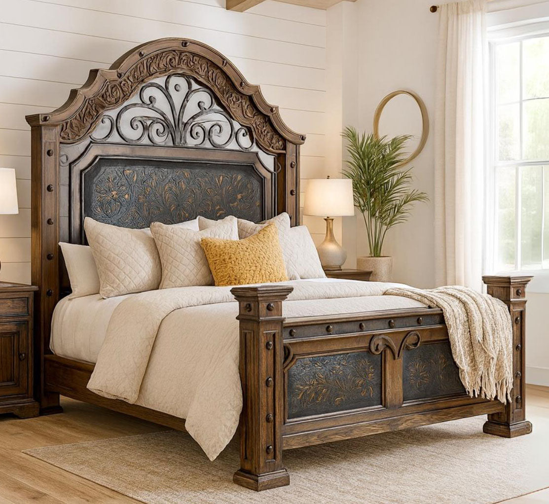 Canyon Charm Rustic Walnut Wood Bed Frame, Hand-carved, Iron, Leather - Includes Full Service Delivery