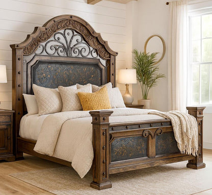 Canyon Charm Rustic Walnut Wood Bed Frame, Hand-carved, Iron, Leather - Includes Full Service Delivery