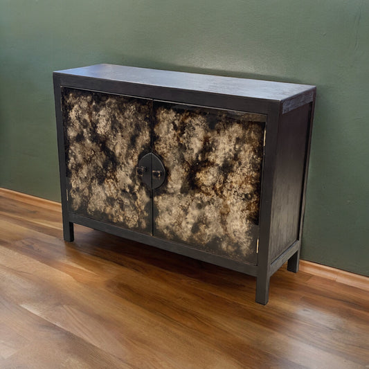 Issenheim Chest, Black, Distressed Faux Marble Look Doors With Round Metal Hardware