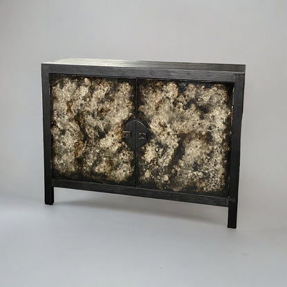 Issenheim Chest, Black, Distressed Faux Marble Look Doors With Round Metal Hardware