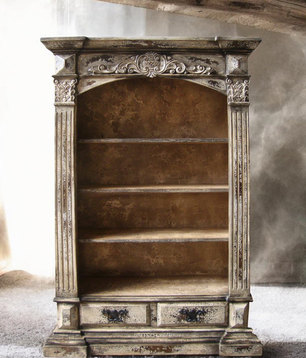 Cluny Bookcase, Antique Silver Distressed Finish, Arched Top With Ornate Carvings And Two Drawers
