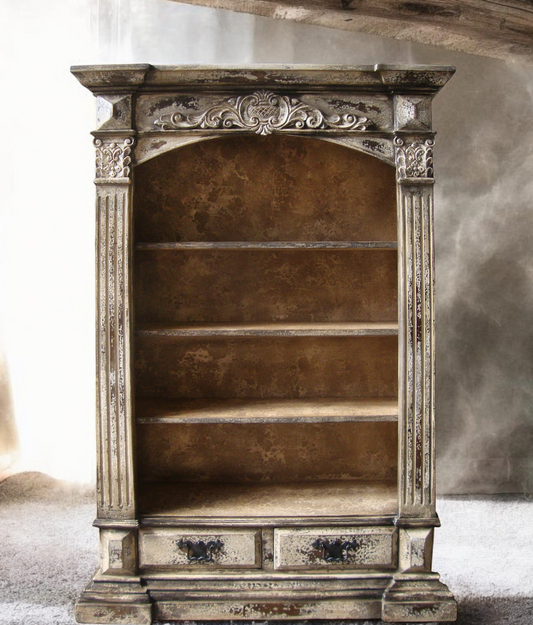 Cluny Bookcase, Antique Silver Distressed Finish, Arched Top With Ornate Carvings And Two Drawers