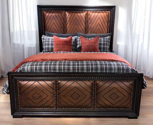 CARSON KING BED 79.5" Tall Headboard, Footboard, Upholstered Leather, Dark Brown Wood Frame | Bed Only | Includes Delivery and Assembly