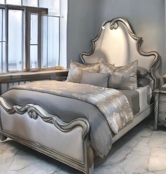 CELINE BED 88" Tall | Luxury French European Style | Upholstered Fabric | White Wood Frame | Bed Only | Includes Delivery and Assembly
