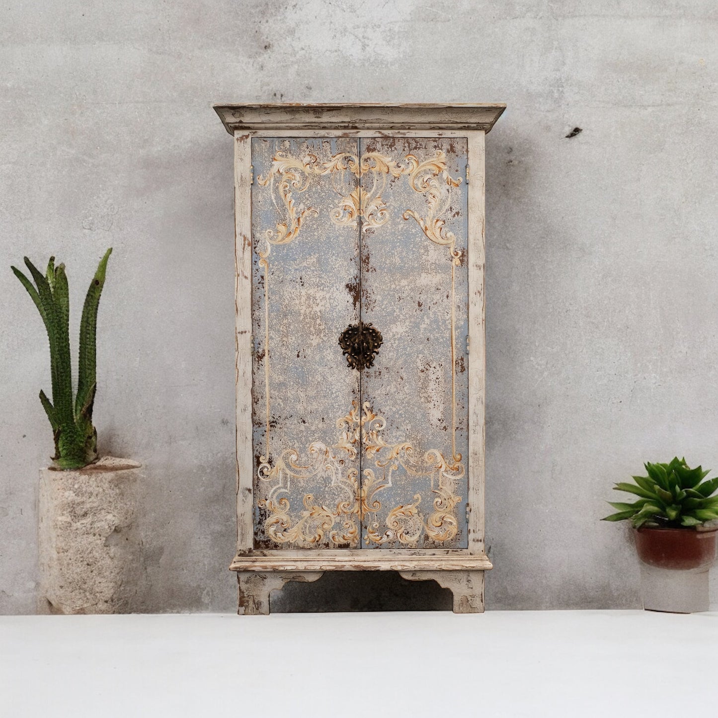 Arles-sur-Tech Armoire, Distressed Powder Blue With Whitewash, Hand-Painted Ornate Scrollwork