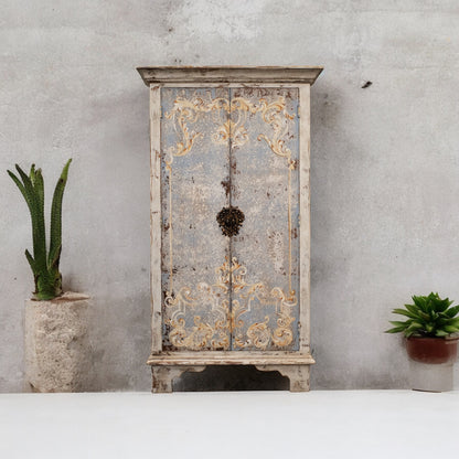 Arles-sur-Tech Armoire, Distressed Powder Blue With Whitewash, Hand-Painted Ornate Scrollwork