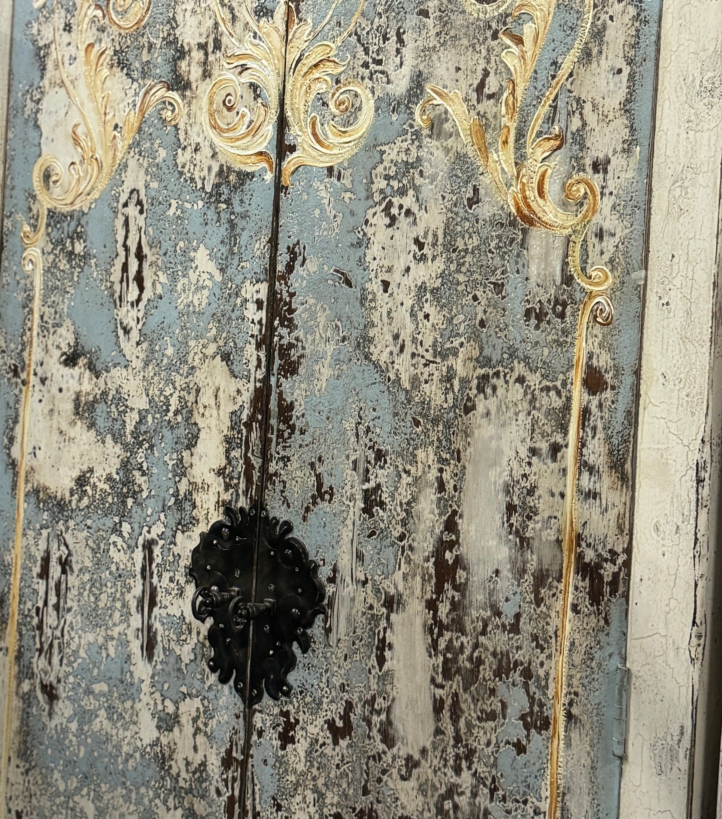 Arles-sur-Tech Armoire, Distressed Powder Blue With Whitewash, Hand-Painted Ornate Scrollwork