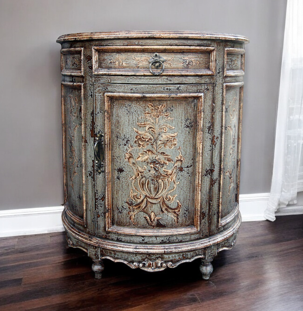 La Flèche Chest, Weathered Teal, Ornate Carved Floral Front With Distressed Vintage Finish
