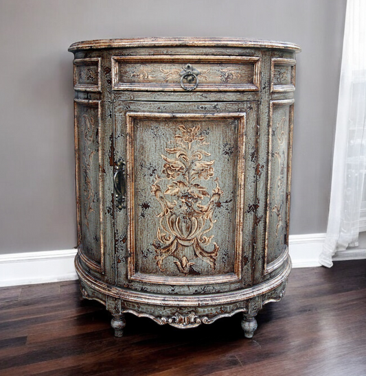 La Flèche Chest, Weathered Teal, Ornate Carved Floral Front With Distressed Vintage Finish