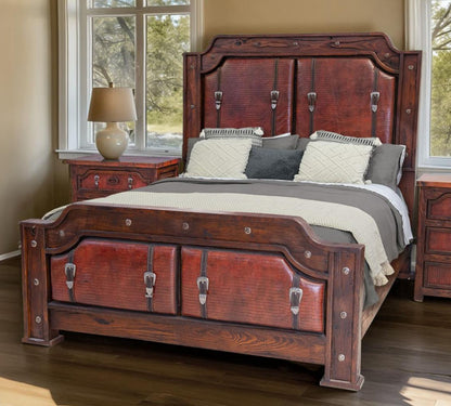 Sierra Saddle Dark Walnut Bed With Dark Red Crocodile Print Leather & Strap Accents, Hand-Carved, Optional Nightstands - Includes Full Service Delivery