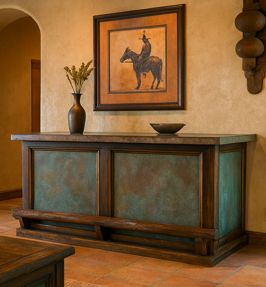 Desert Wind Rustic Home Wooden Bar with Verdi-Gris Copper Panels, Copper Top, & Log Footrail