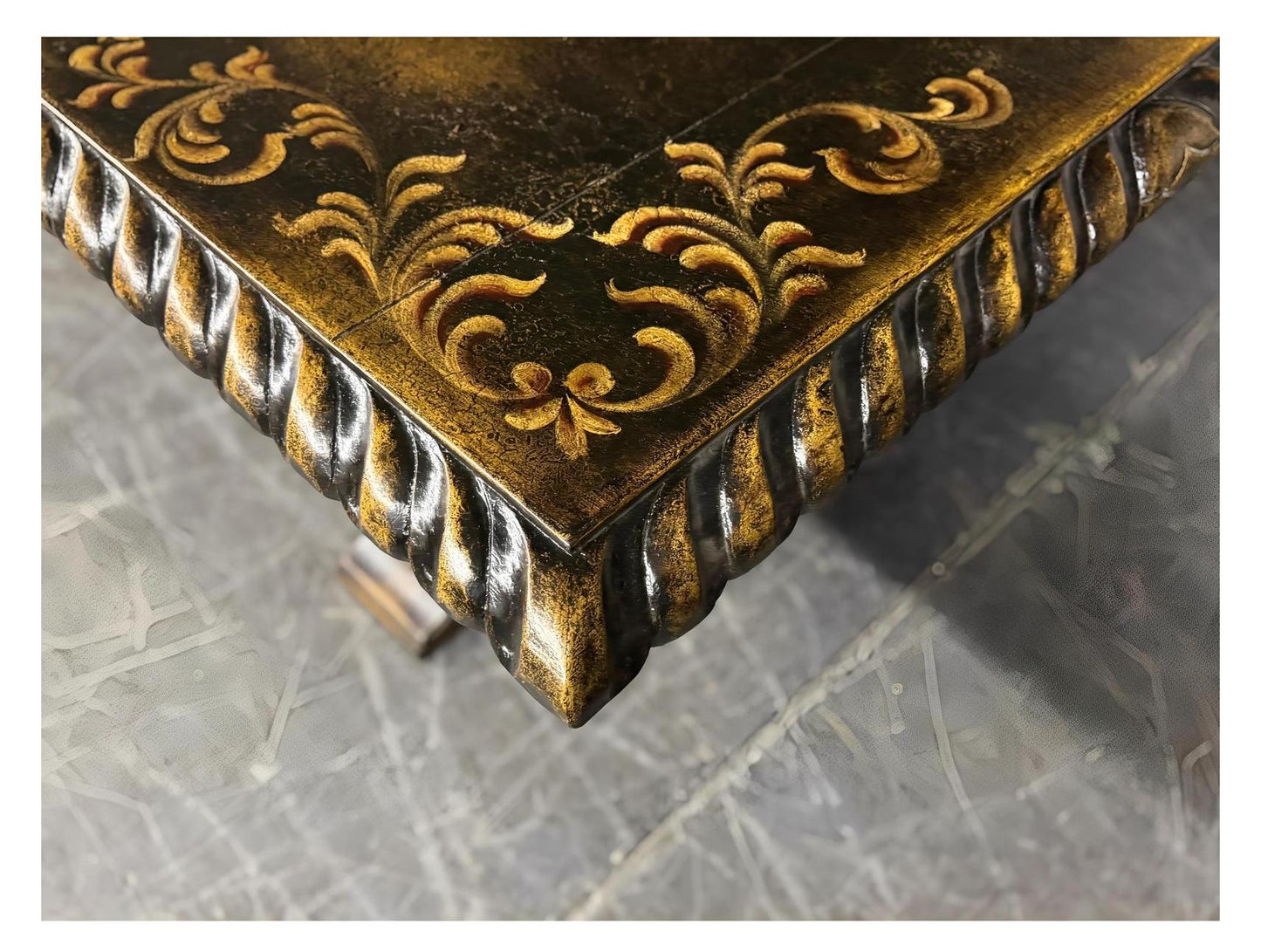 Turenne Dining Table - Rectangular, Black With Antique Gold Trim, Hand-Tooled Border