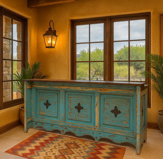Santa Fe Cantina Bar – Turquoise Distressed Wood with Rustic Charm