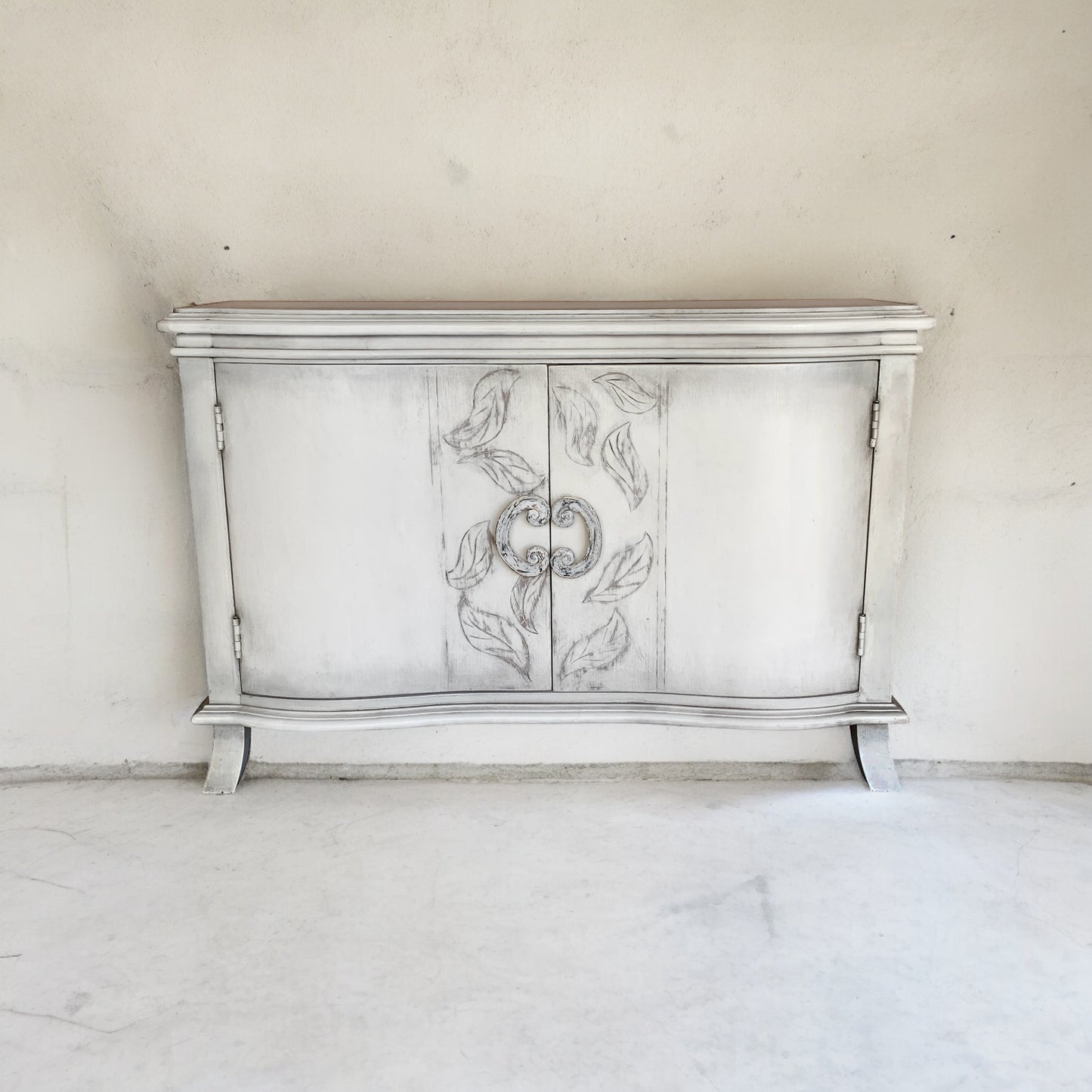 La Turbie Chest, Distressed White Finish, Hand Painted Leaf Motif On Doors, Ornate Ring Pull Hardware