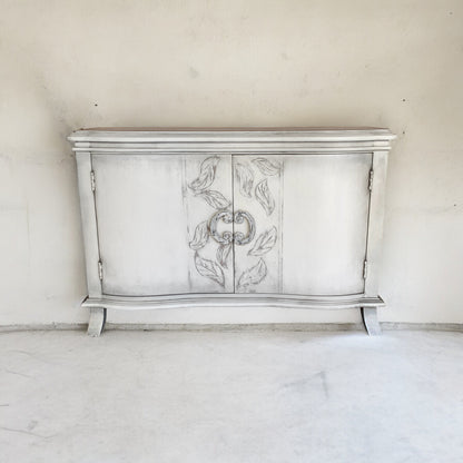 La Turbie Chest, Distressed White Finish, Hand Painted Leaf Motif On Doors, Ornate Ring Pull Hardware