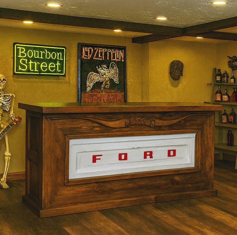 Motor City Wooden Home Bar with Hand-Carved Bull Horns and Built-in WHITE Ford Truck Tailgate 76"x24"x42", Rustic, Western