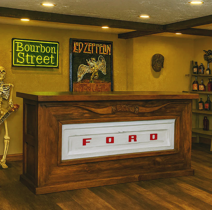 Motor City Wooden Home Bar with Hand-Carved Bull Horns and Built-in WHITE Ford Truck Tailgate 76"x24"x42", Rustic, Western