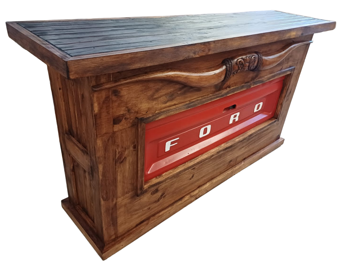 Motor City Wooden Home Bar with Hand-Carved Bull Horns and Built-in RED Ford Truck Tailgate 76"x24"x42", Rustic, Western