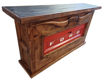 Motor City Wooden Home Bar with Hand-Carved Bull Horns and Built-in RED Ford Truck Tailgate 76"x24"x42", Rustic, Western