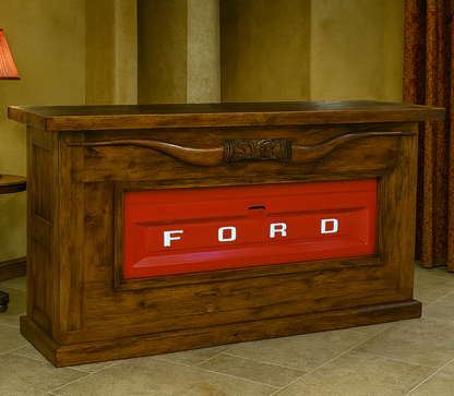 Motor City Wooden Home Bar with Hand-Carved Bull Horns and Built-in RED Ford Truck Tailgate 76"x24"x42", Rustic, Western