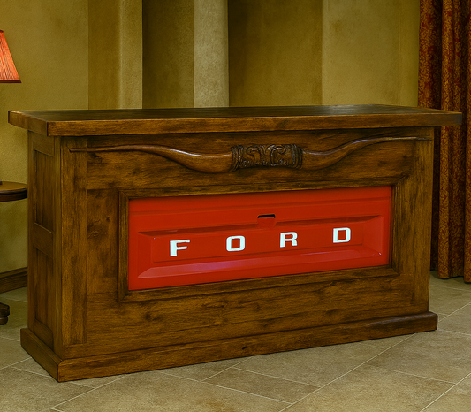 Motor City Wooden Home Bar with Hand-Carved Bull Horns and Built-in RED Ford Truck Tailgate 76"x24"x42", Rustic, Western