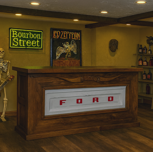 Motor City Wooden Home Bar with Hand-Carved Bull Horns and Built-in WHITE Ford Truck Tailgate 76"x24"x42", Rustic, Western