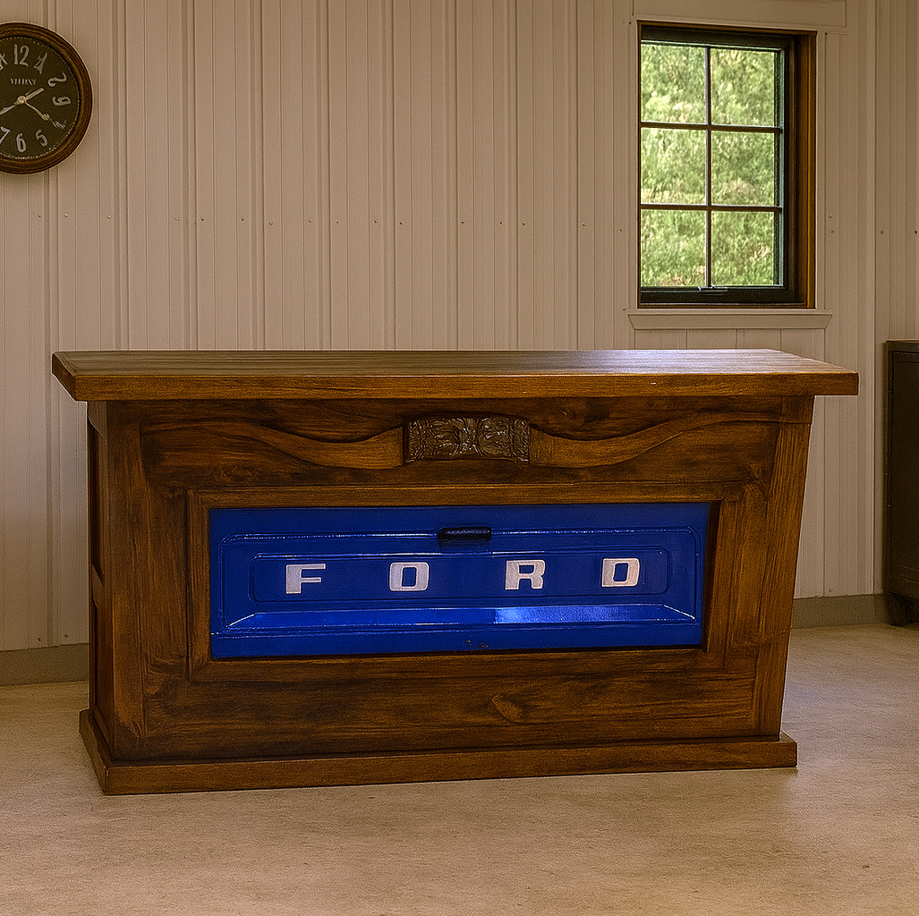 Motor City Wooden Home Bar with Hand-Carved Bull Horns and Built-in BLUE Ford Truck Tailgate 76"x24"x42", Rustic, Western