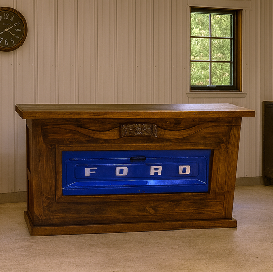 Motor City Wooden Home Bar with Hand-Carved Bull Horns and Built-in BLUE Ford Truck Tailgate 76"x24"x42", Rustic, Western