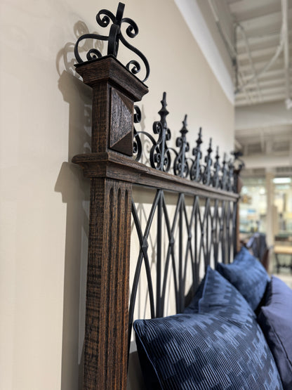 FORTALEZA KING BED 89" Tall | Wrought Iron Headboard and Footboard | Victorian Style | Dark Brown Wood Frame | Bed Only | Includes Delivery and Assembly