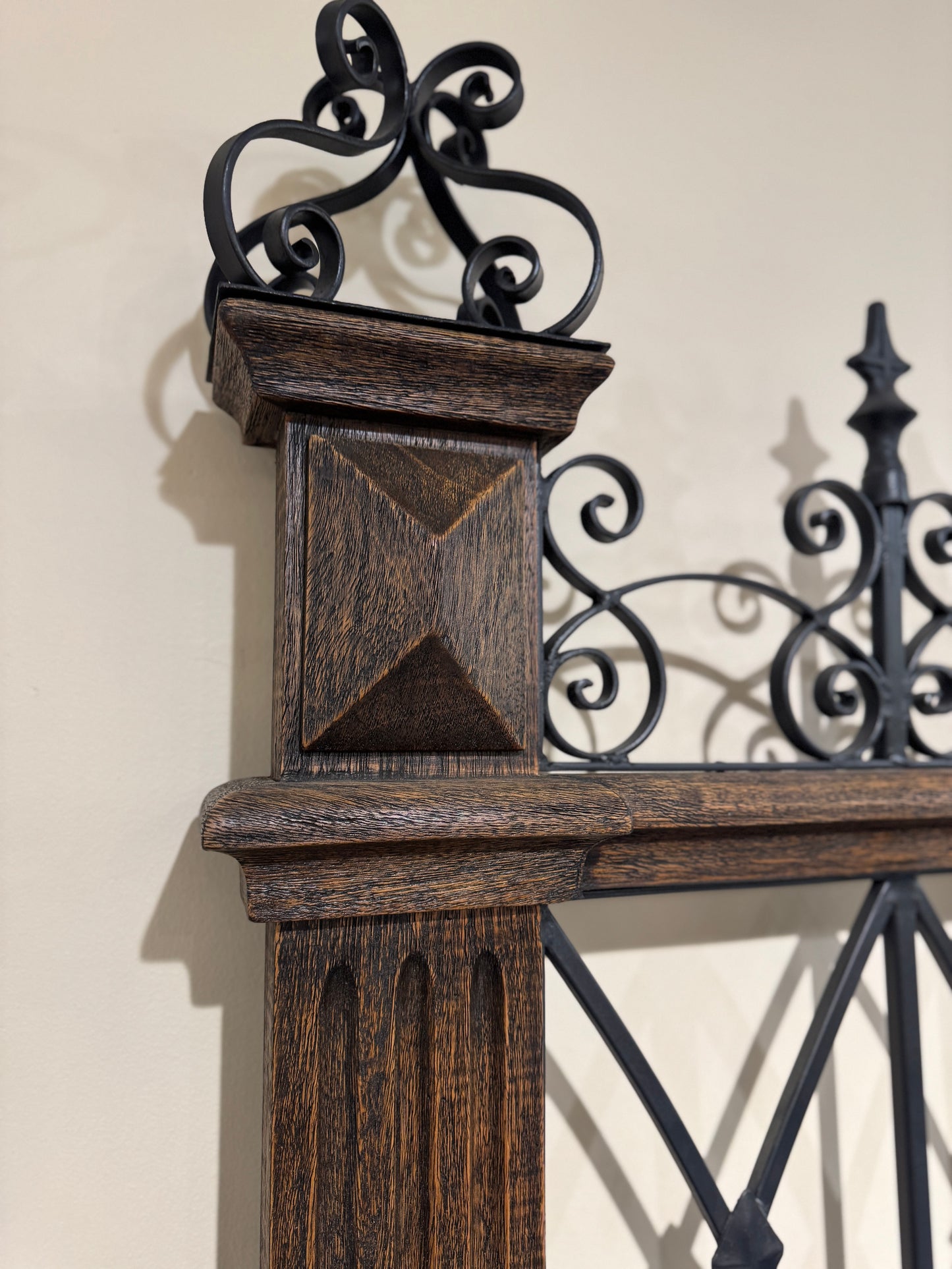 FORTALEZA KING BED 89" Tall | Wrought Iron Headboard and Footboard | Victorian Style | Dark Brown Wood Frame | Bed Only | Includes Delivery and Assembly