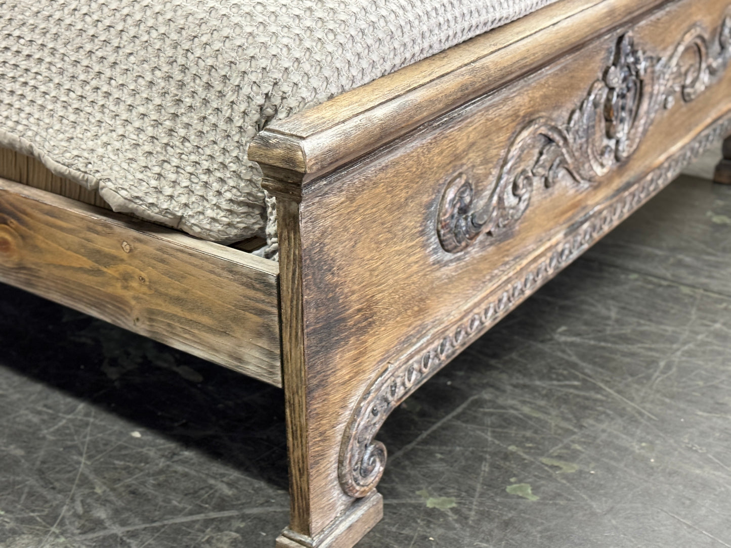 FRANCESCA KING BED 87" Tall | Carved Headboard with Tufted Tan Fabric | Rustic Distressed Finish | Brown Wood | Bed Only | Includes Delivery and Assembly