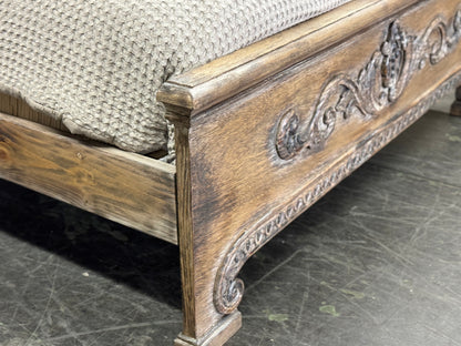 FRANCESCA KING BED 87" Tall | Carved Headboard with Tufted Tan Fabric | Rustic Distressed Finish | Brown Wood | Bed Only | Includes Delivery and Assembly