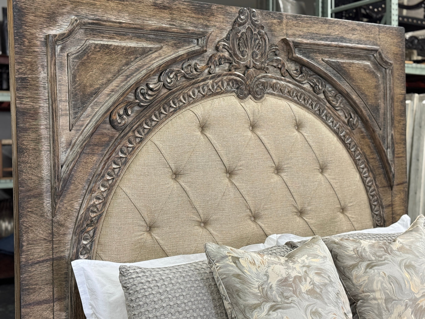 FRANCESCA KING BED 87" Tall | Carved Headboard with Tufted Tan Fabric | Rustic Distressed Finish | Brown Wood | Bed Only | Includes Delivery and Assembly