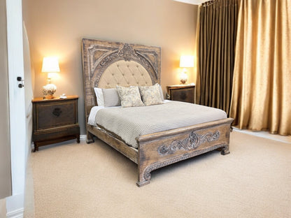 FRANCESCA KING BED 87" Tall | Carved Headboard with Tufted Tan Fabric | Rustic Distressed Finish | Brown Wood | Bed Only | Includes Delivery and Assembly