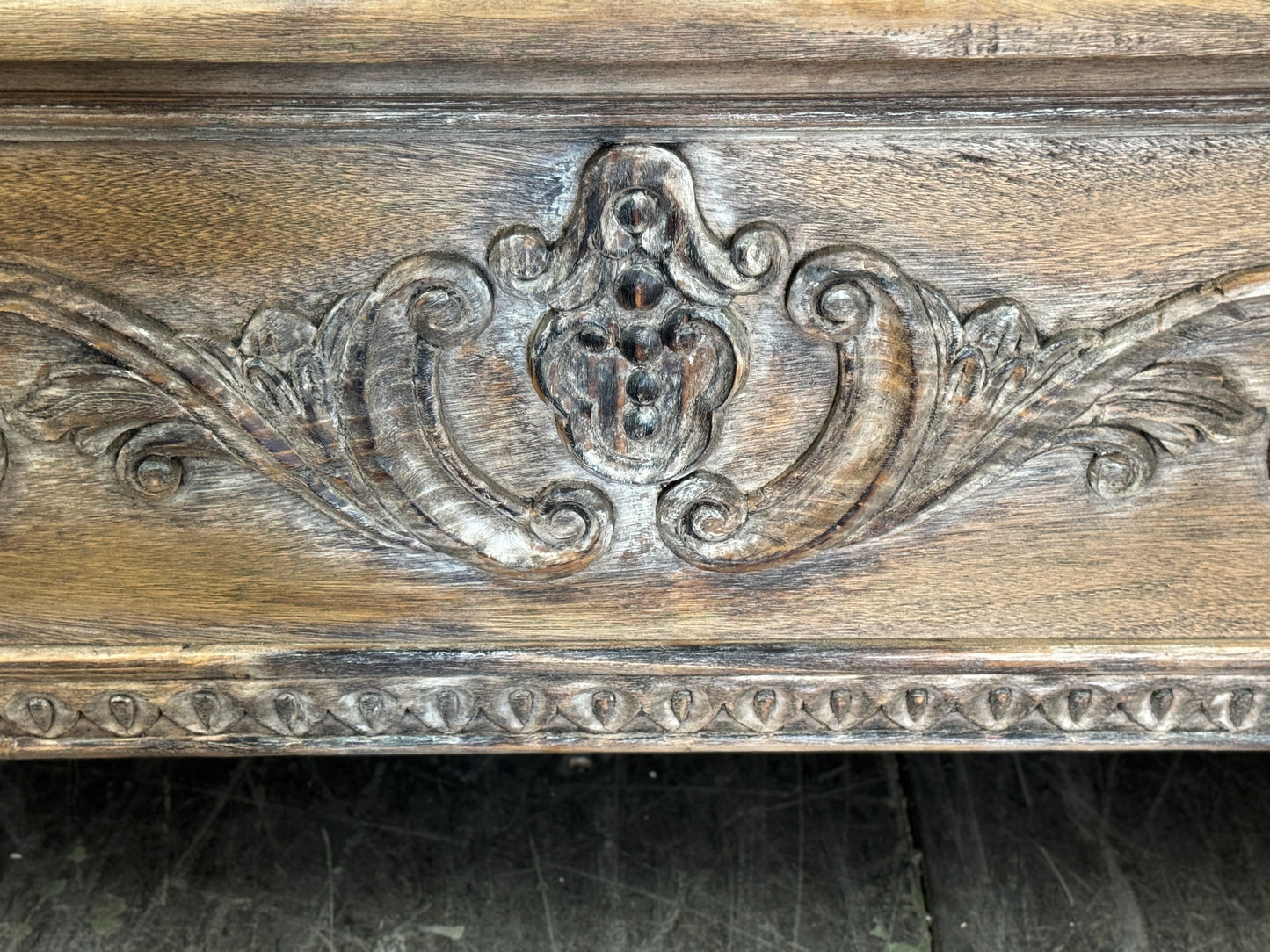 FRANCESCA KING BED 87" Tall | Carved Headboard with Tufted Tan Fabric | Rustic Distressed Finish | Brown Wood | Bed Only | Includes Delivery and Assembly