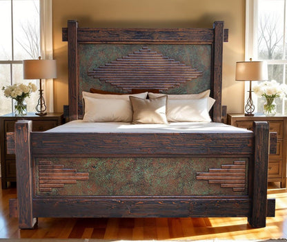 WyldRidge Southwest Rustic Handcarved Wood Bed Walnut with Copper Inlay Panels - Includes Full Service Delivery