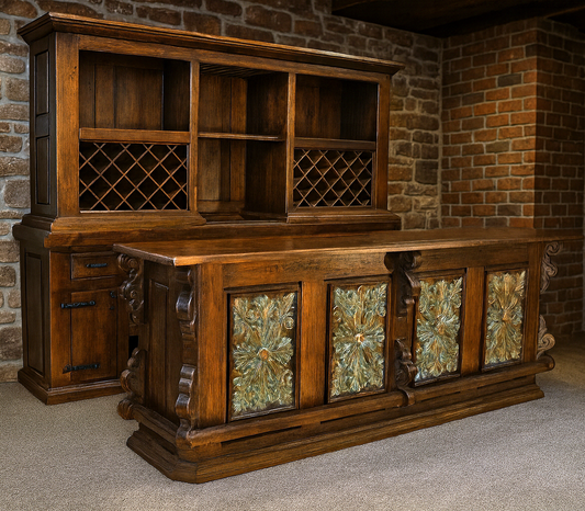 Castillo Hacienda 2-Piece Bar & Hutch Set | Turquoise Carved Panels | FREE Full Service Delivery