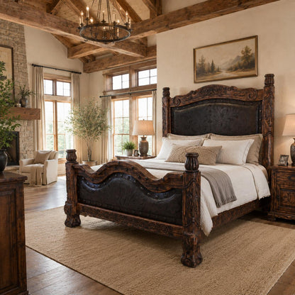 Red Creek Ranch King Bed | genuine leather headboard and footboard panels | hand-carved | Includes Full Service Delivery