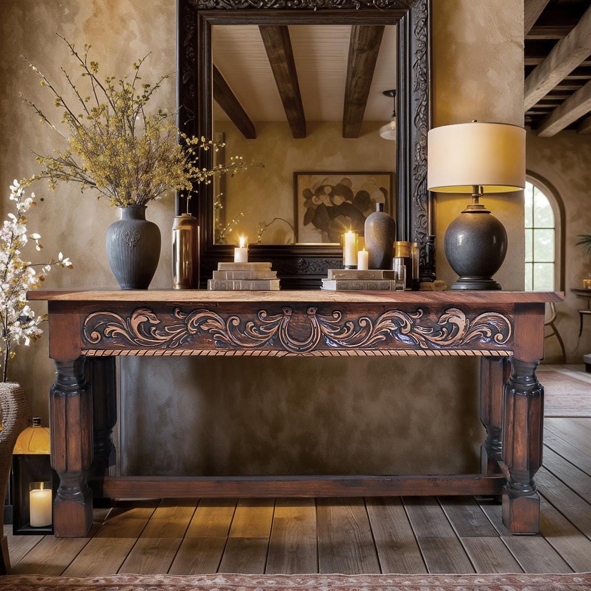Lucky Horseshoe Hand Carved Console with Parota Top - 72 x 20 x 34.5"