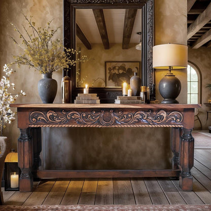 Lucky Horseshoe Hand Carved Console with Parota Top - 72 x 20 x 34.5"