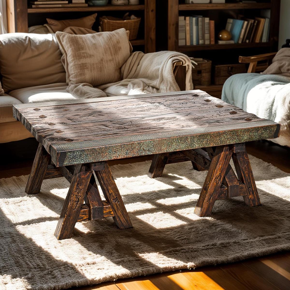 Sawyer Ranch Coffee Table II with Turquoise Copper Edges - 48" W x 36" D x 20" H