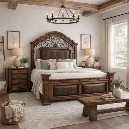 Majestic River Queen Bed | genuine leather & wrought iron | hand-carved | Includes Full Service Delivery