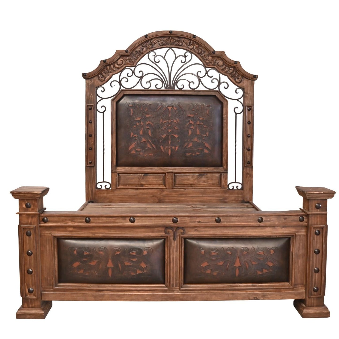 Majestic River King Bed | genuine leather & wrought iron | hand-carved | Includes Full Service Delivery