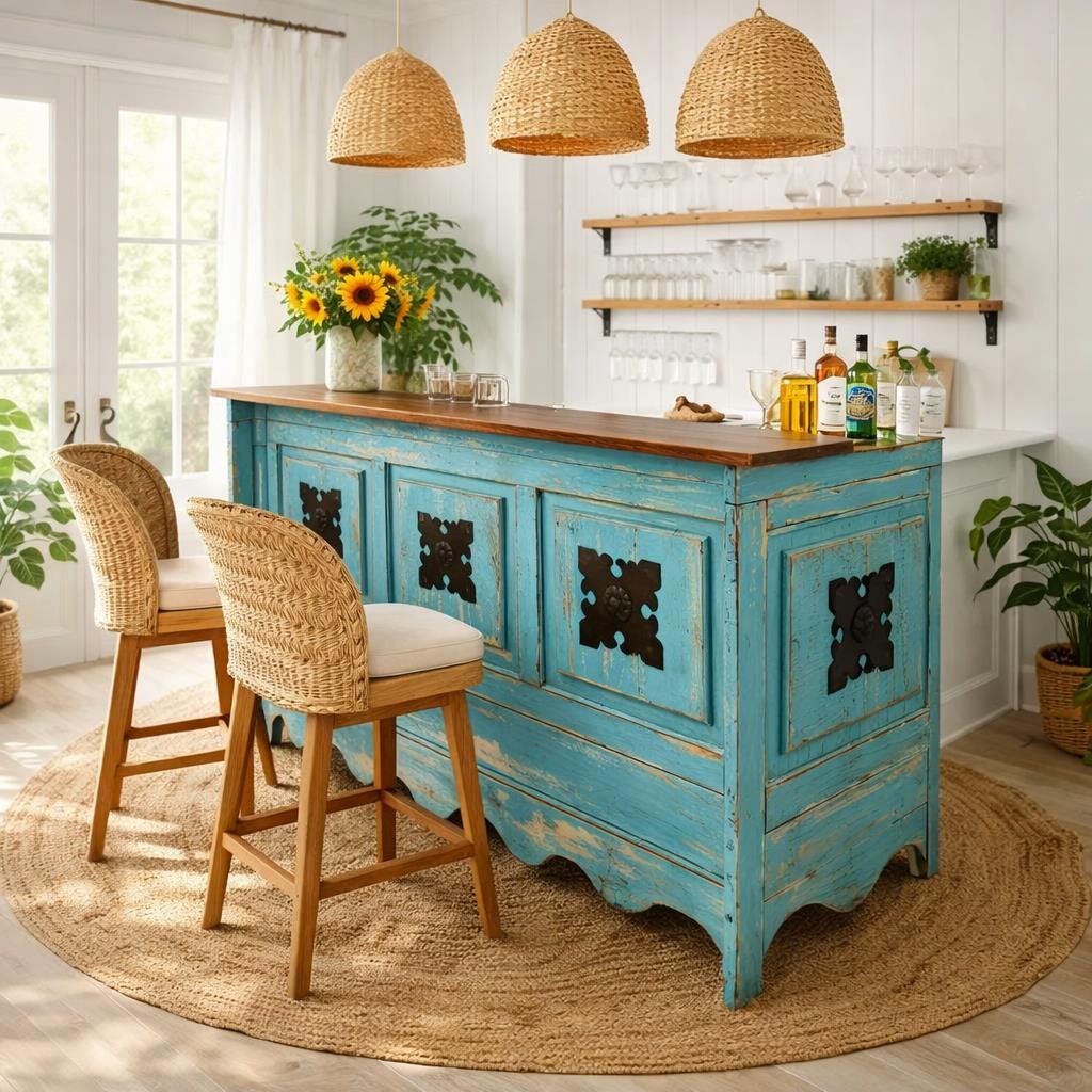 Santa Fe II Cantina Bar – Turquoise Distressed Wood with Rustic Charm