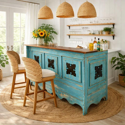 Santa Fe II Cantina Bar – Turquoise Distressed Wood with Rustic Charm