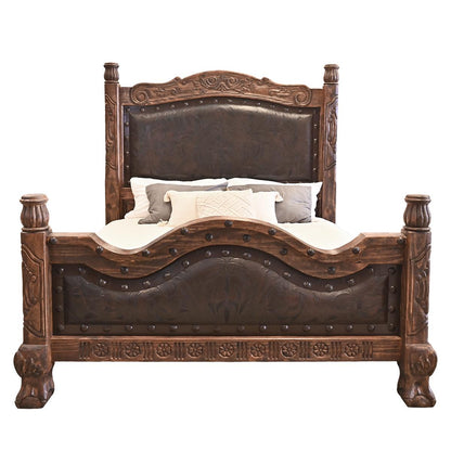 Red Creek Ranch Queen Bed | genuine leather headboard and footboard panels | hand-carved | Includes Full Service Delivery