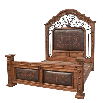 Majestic River Queen Bed | genuine leather & wrought iron | hand-carved | Includes Full Service Delivery